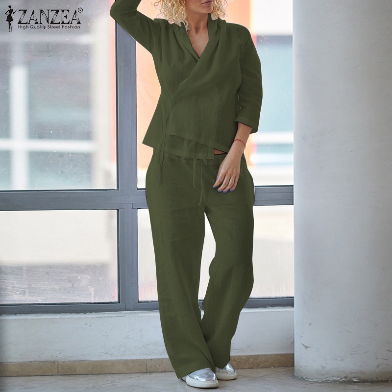 Set đồ 2 mảnh ZANZEA gồm áo tay 3/4 cổ chữ V kèm quần ống rộng lưng cao cho nữ