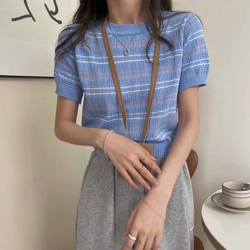 Áo Thun Dệt Kim Tay Ngắn Cổ Tròn Họa Tiết Kẻ Sọc Màu Sắc Tương Phản Thời Trang Cho Nữ