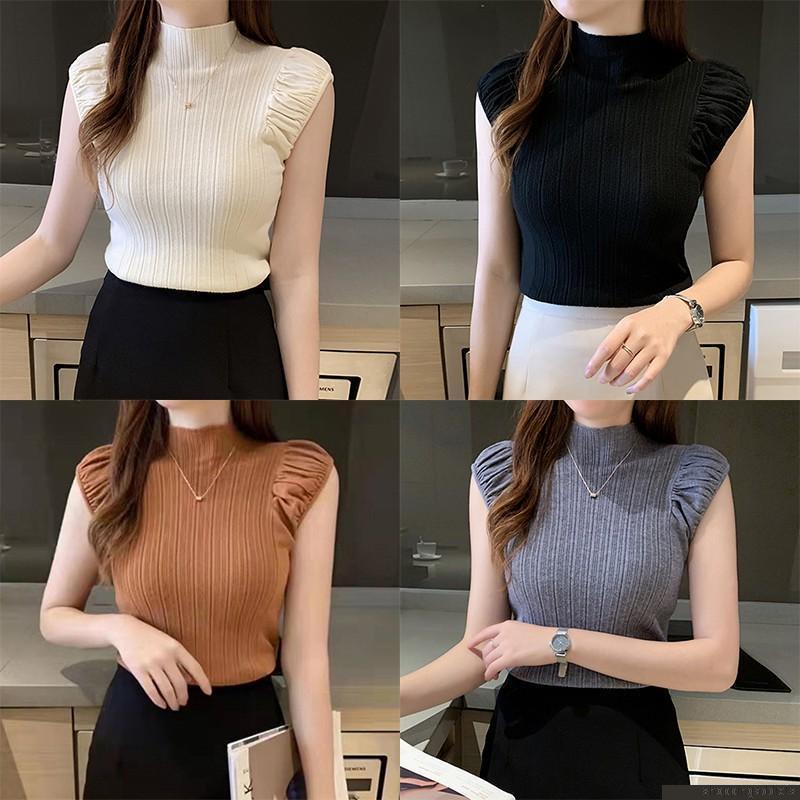 Áo dệt kim sát nách cổ lọ màu sắc đơn giản dành cho phái nữ