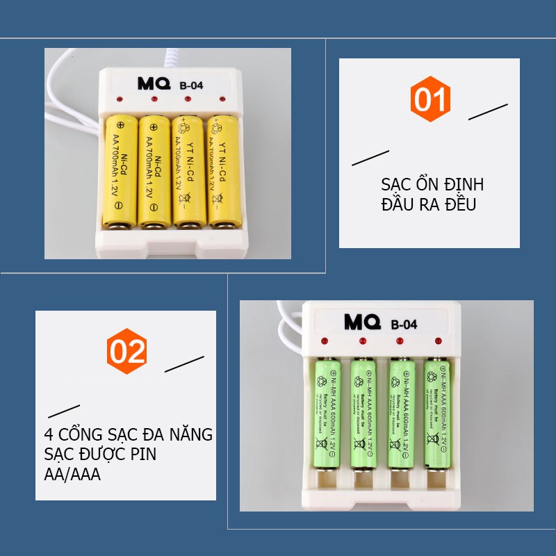 Bộ sạc pin AA, sạc pin AAA (sạc pin tiểu) 4 cổng đầu cắm USB - MQ-B04