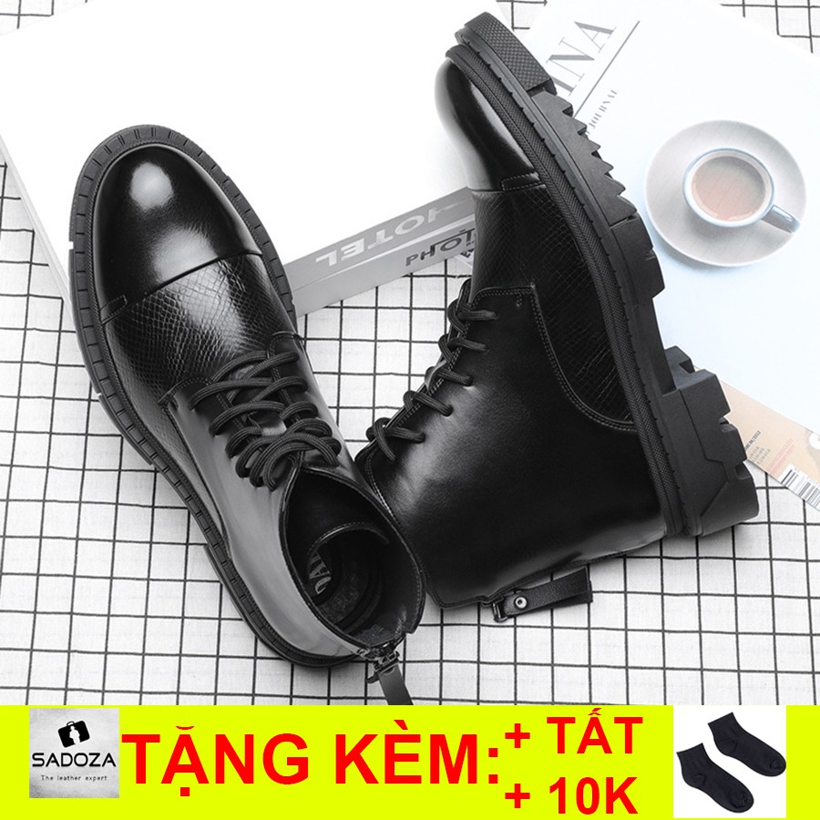 Giày Boot Nam Cổ Cao - FREESHIP - Giày Da Bò Nam Buộc Dây Khóa Kéo Sang Chảnh GNK157