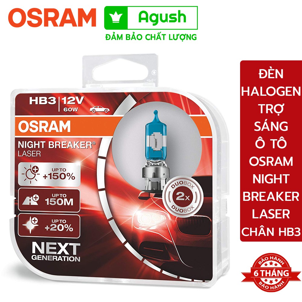 Đèn Halogen trợ sáng ô tô Osram Night Breaker Laser chân HB3 12v 60w lắp đèn pha siêu sáng hơn 150% chùm sáng tới 150m