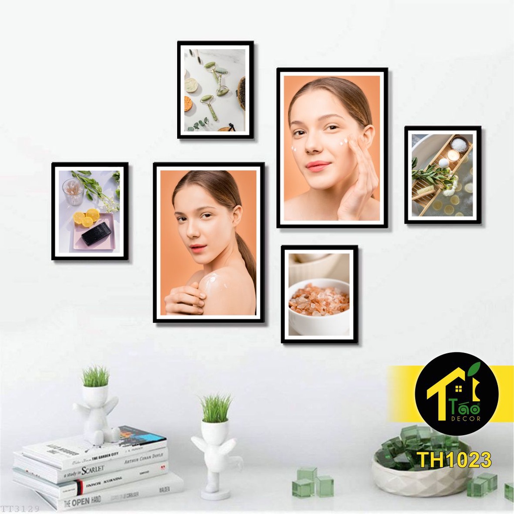Set 6 tranh treo tường, tranh dán tường cho tiệm Nail, Tóc, Spa có sẵn keo hai mặt siêu dính, Táo Decor