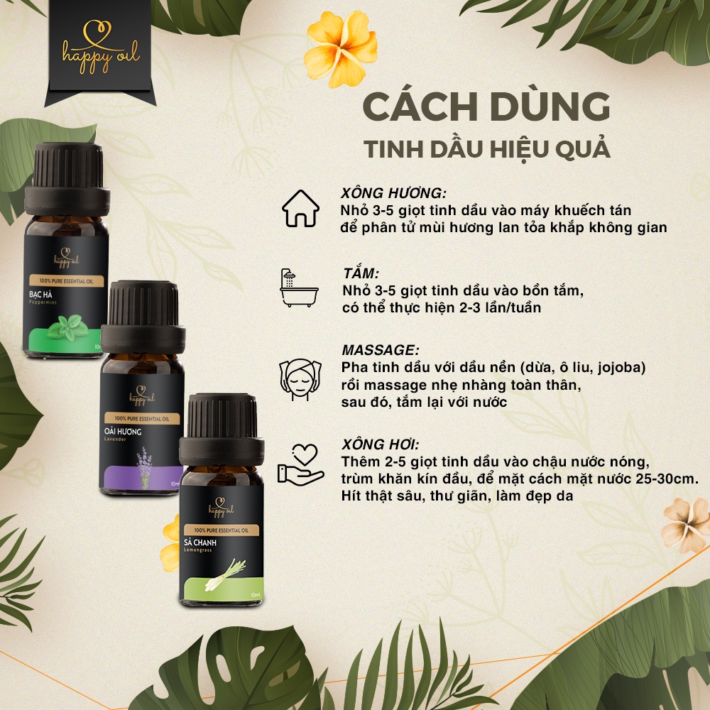 Tinh dầu xông phòng 100% thiên nhiên Happy Oil 10ml | Tự chọn mùi | giúp khử mùi, kháng khuẩn, ngủ ngon, đuổi côn trùng