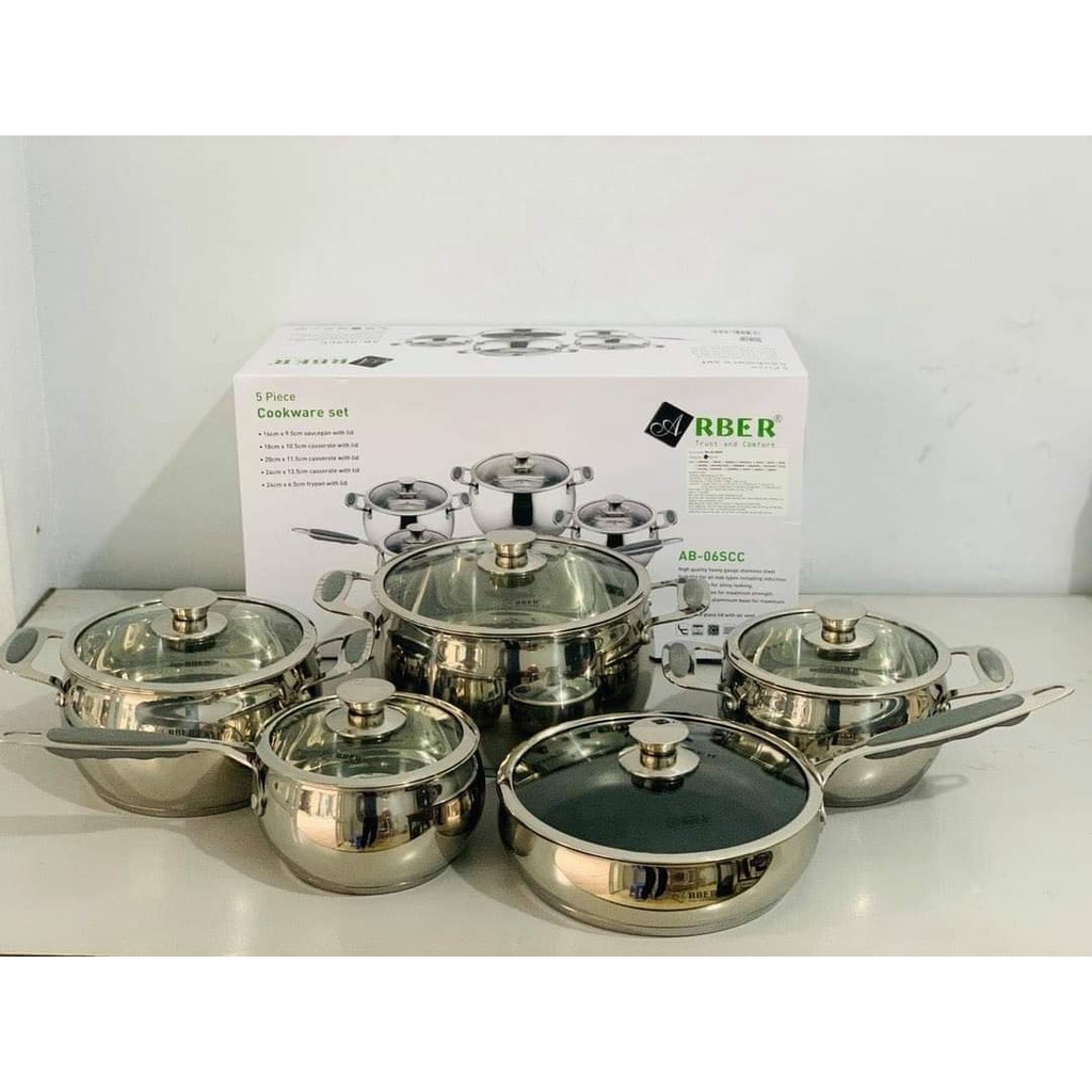Bộ nồi Arber Đức 5 món AB06SCC hàng cao cấp chính hãng- tay cầm chống nóng BH 1 năm