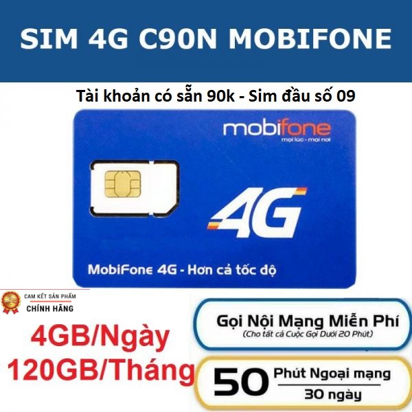 SIM MOBIFONE ĐẦU SỐ 09XX C90N - C120N 120GB/THÁNG 1000 phút gọi, 4GB/ ngày - Tặng tháng đầu