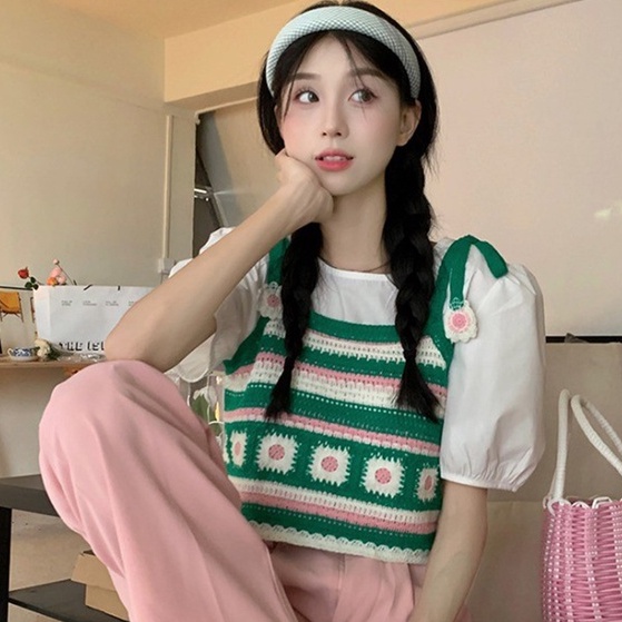 ZHELIHANGFEI Áo Croptop 2 Dây Len Móc Thêu hoa Đi Du Lịch