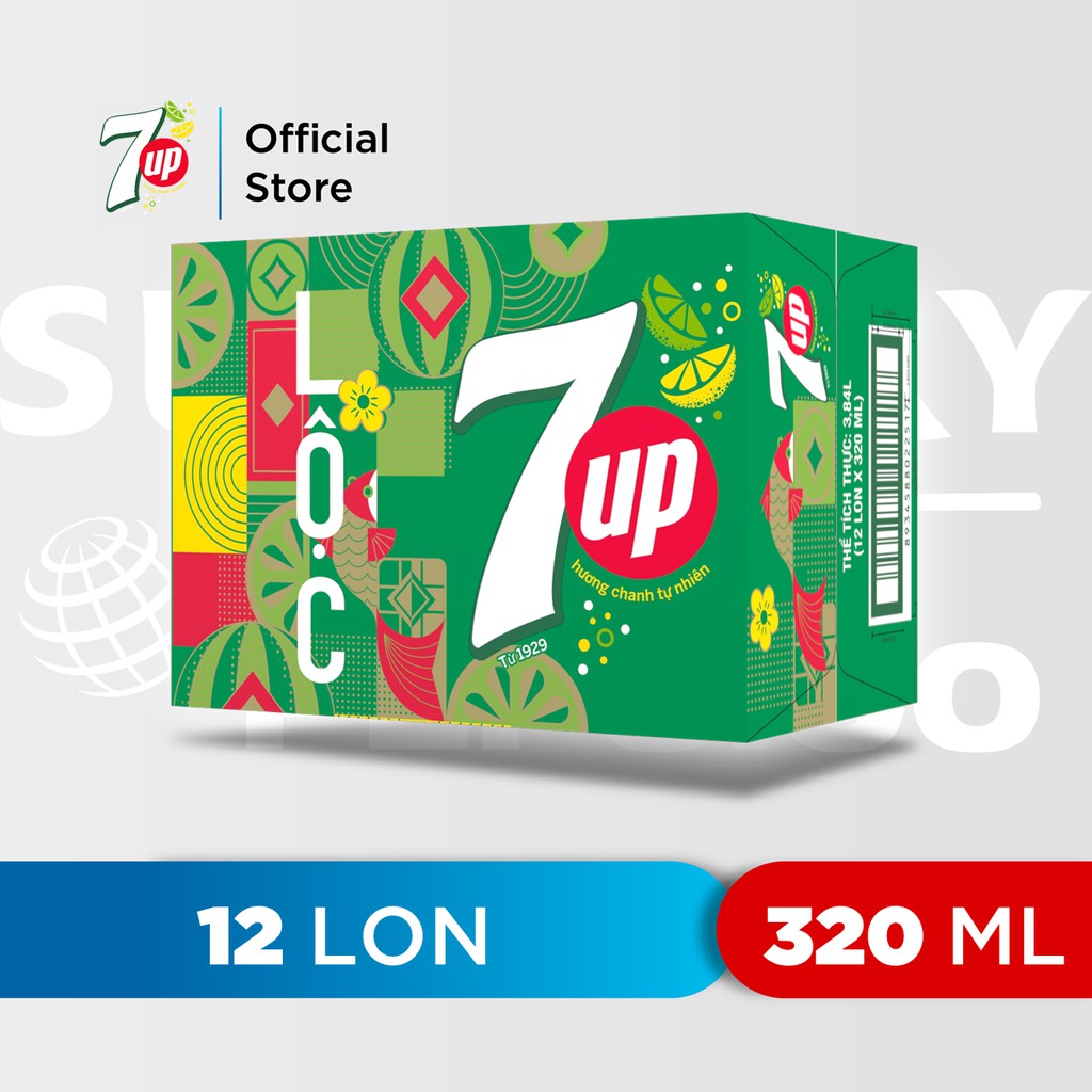 [Mã FMCGMALL -8% đơn 250K] Thùng 12 Lon Nước Ngọt Có Gaz 7Up (320ml/lon) - Phiên Bản Tết