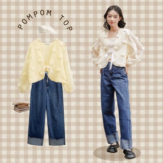 BLEUBIRD Áo organza đính bông len buộc dây Pompom Top