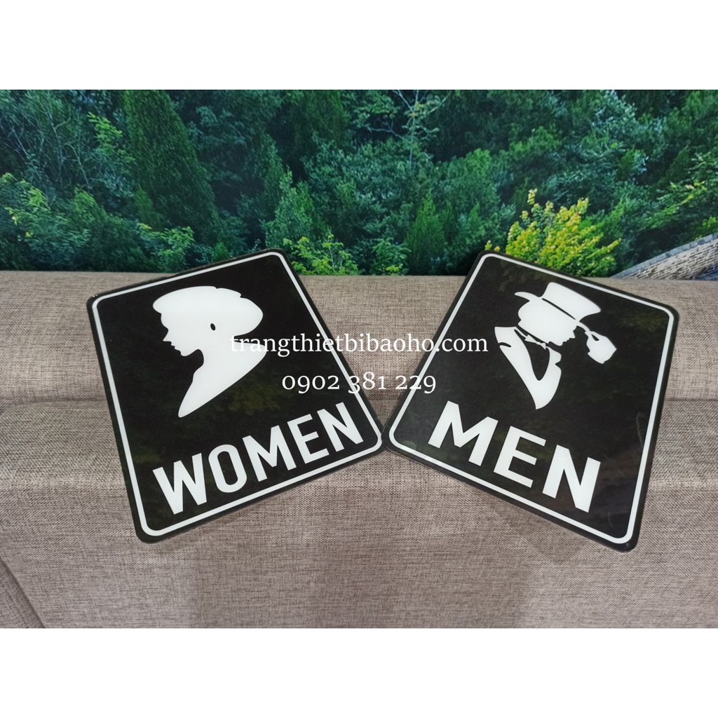Biển báo mica WC, nhà vệ sinh nam nữ kích thước 15 x 20cm màu đen - hình thật