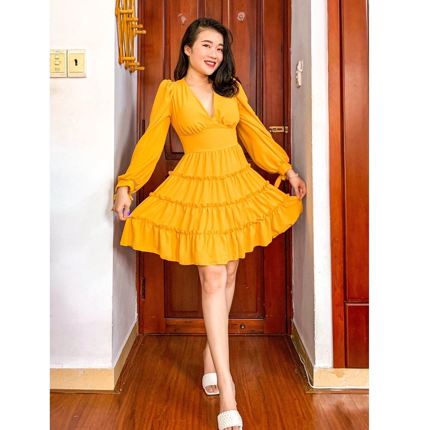 Đầm Đũi Xòe Tay Dài Cổ Tim Cột Nơ Tay Xòe Tầng Hàng Thiết Kế TTP STORE