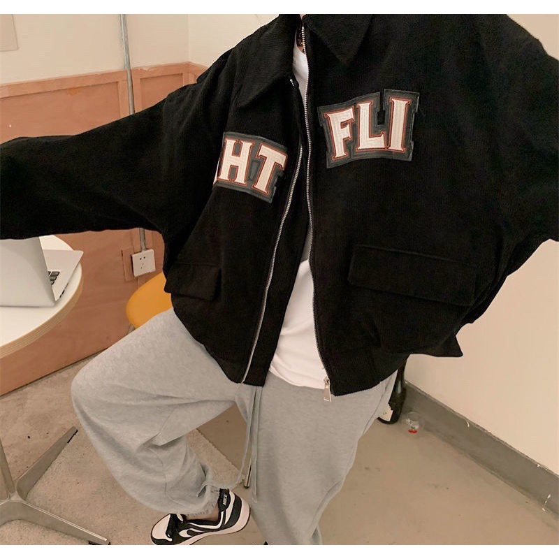 Áo Bomber Dáng Cộc Croptop Cổ Bẻ Khoá Thêu Chữ Áo Khoác Nhung Tăm