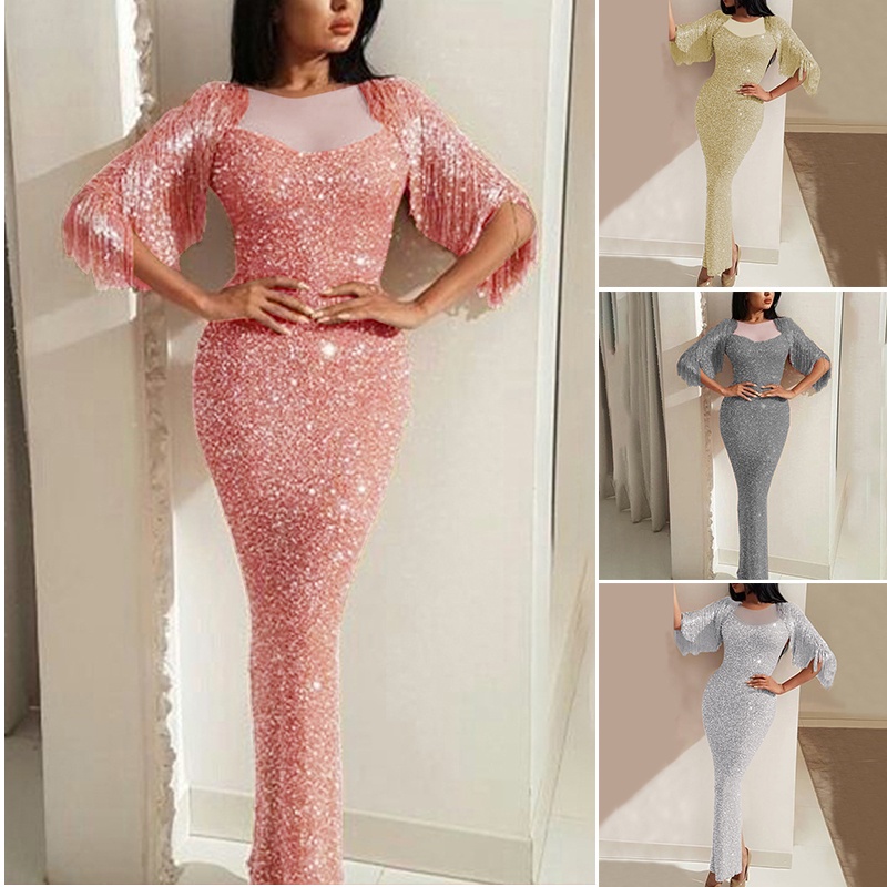 Đầm Đuôi Cá Dài Xẻ Tà Đính Kim Sa Lấp Lánh Gợi Cảm Cho Nữ Dự Tiệc