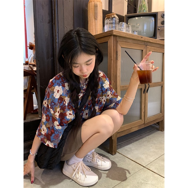 【ZHELIHANGFEI】Áo Sơ Mi Tay Ngắn Dáng Rộng Họa Tiết In Hoa Cao Cấp Thời Trang