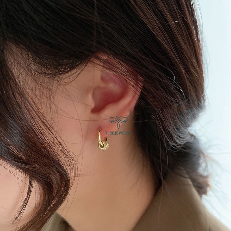 Khuyên tai bạc nữ TLEE tròn trơn mix ba vòng tròn nạm đá TleeJewelry B0113