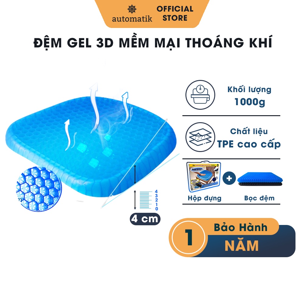 Đệm Ngồi Bệt 2 Lớp 3D Lót Ghế Văn Phòng, Nệm Ghế Ô Tô Thoáng Khí Gel TPE Tổ Ong - Automatik