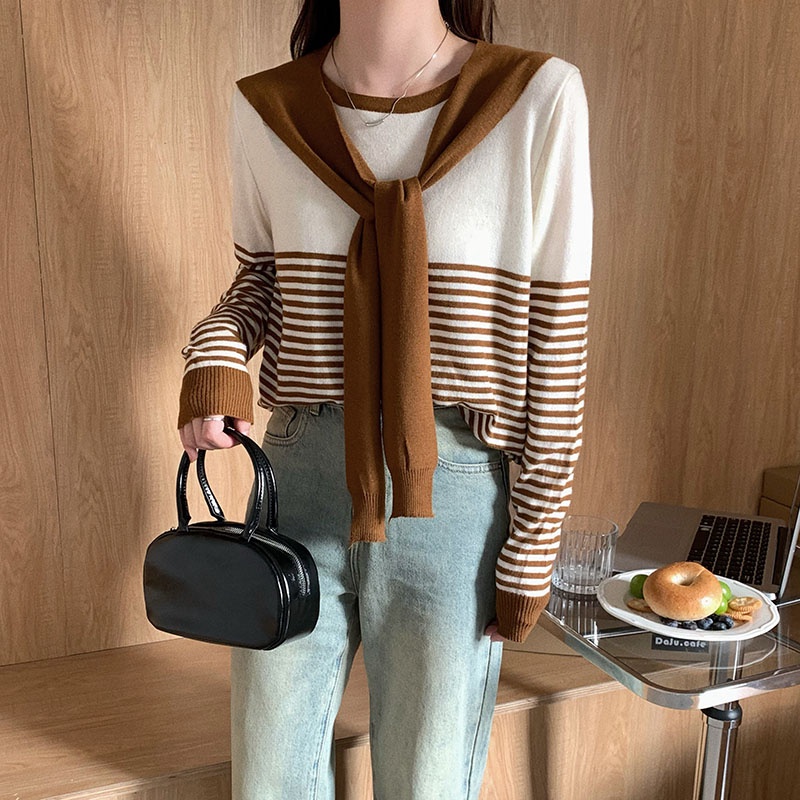 【ZHELIHANGFEI】Áo Dệt Kim Tay Dài Dáng Rộng Kẻ Sọc Giả Hai Lớp Dễ Phối Đồ