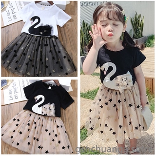 Set Áo Thun Ngắn Tay In Hình Thiên Nga + Chân Váy Xòe 2-8 Tuổi Cho Bé Gái 2-8 Tuổi