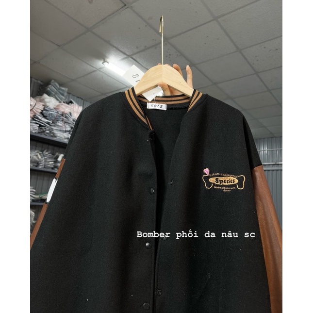 Áo khoác bomber phối da nâu form thụng nam nữ