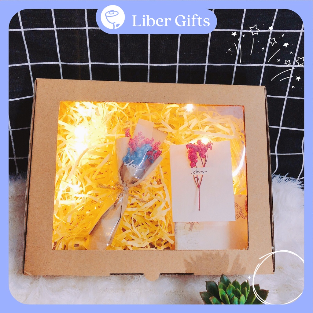 Hộp quà nắp trong rơm🥰 ( hộp bao gồm đèn + rơm + hoa mini)