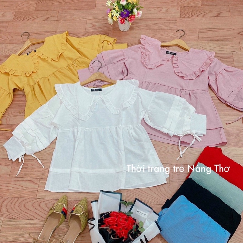 Áo babydoll cổ bèo tầng xếp tay vải đũi hàn dễ thương