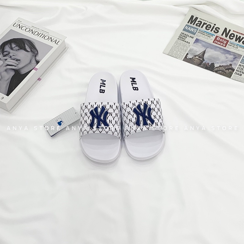 Dép MLB NY Logo Thêu màu Xanh Navy Nam Nữ [ Fullbox + Check hàng khi nhận ]