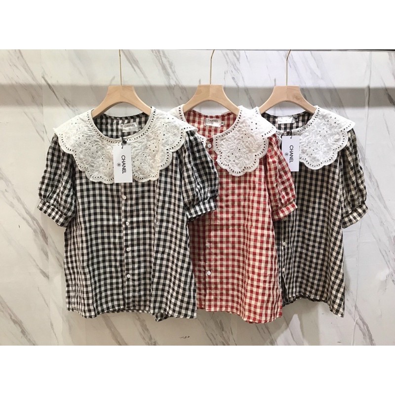 sơ mi kẻ cổ ren
