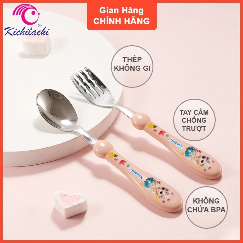 Set thìa và dĩa ăn dặm Kichilachi inox 304 giúp bé tập ăn, tập xúc phù hợp với trẻ từ 1-5 tuổi