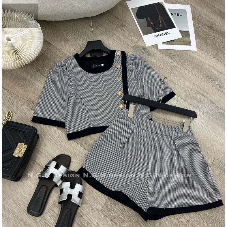 Set đầm caro nút vàng Hanah Store freesize sang chảnh tiểu thư