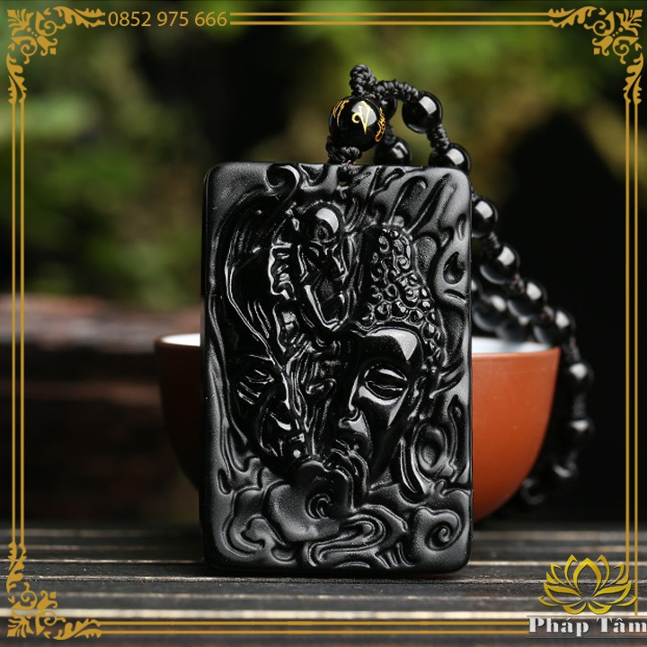 Mặt Dây Chuyền Đức Phật và Quỷ Ãlavaka Bản Mặt Vuông Đá Obsidian Đen Tự Nhiên - Tâm Phong Thủy