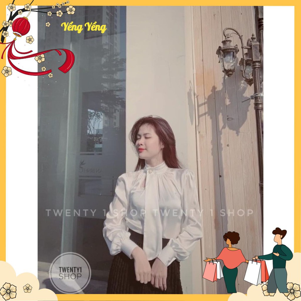 ANU101 - ÁO SƠ MI NỮ LỤA TRẮNG CỔ XẾP CÀI NƠ