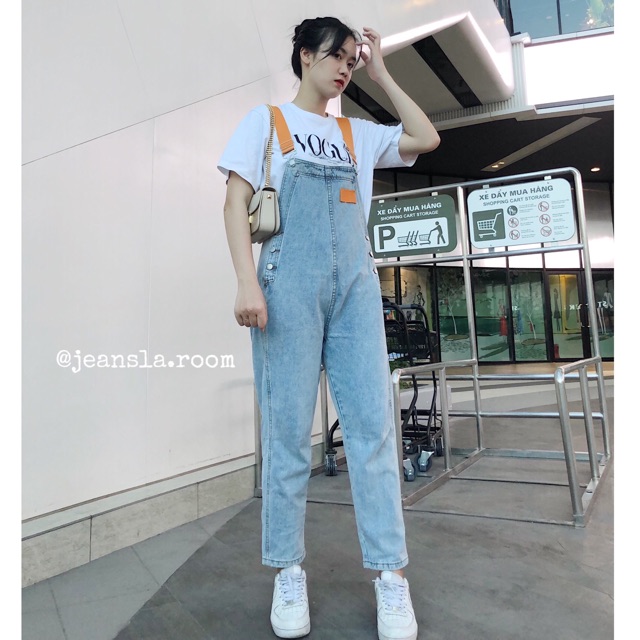 [#YJL1] Yếm Jeans JEANSLA Xanh nhạt Form rộng dây quai cam | BigBuy360 - bigbuy360.vn