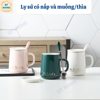 Ly sứ cao cấp có nắp, cốc sứ có nắp, thìa muỗng cán sứ, mẫu be loved, dung tích 420ml