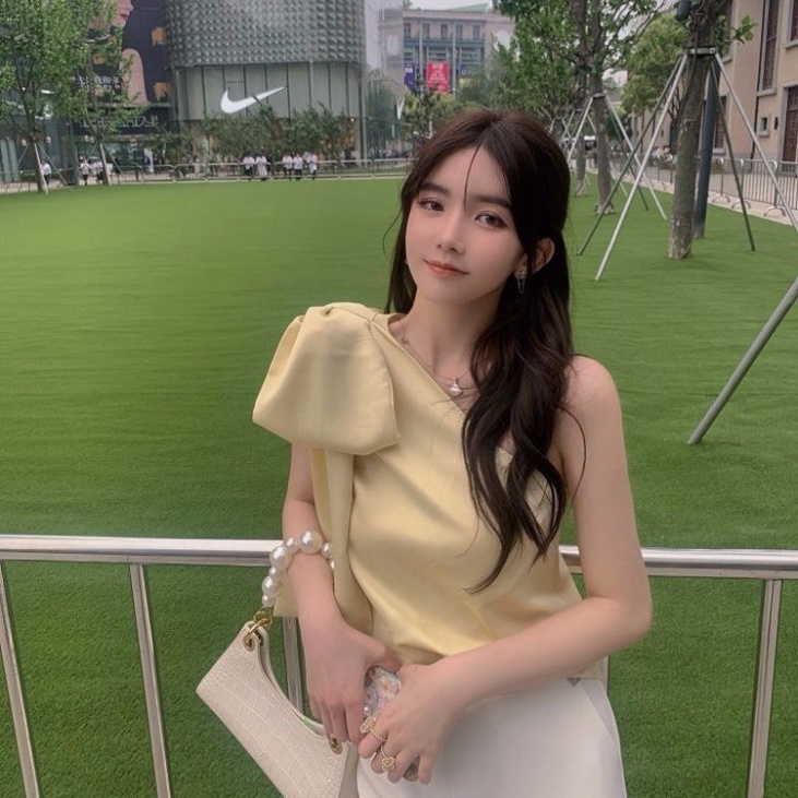 Áo lụa nữ kiểu Hàn Quốc buộc nơ áo kiểu trễ vai nữ LUHAZO sang chảnh tiểu thư xịn xò K4T5-3