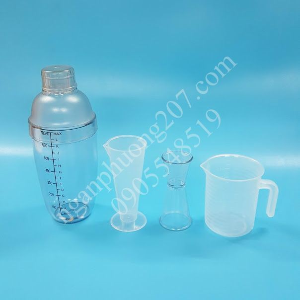 Bộ 4 dụng cụ đong pha chế tiện lợi( shaker 700 ML in, LY 100ML, LY 250M, Ly 2 Đầu)