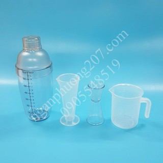 Combo 4 dụng cụ đong pha chế  (Shaker 700 ml in, Ly 100ml, Ly 250ml, Ly 2 đầu)