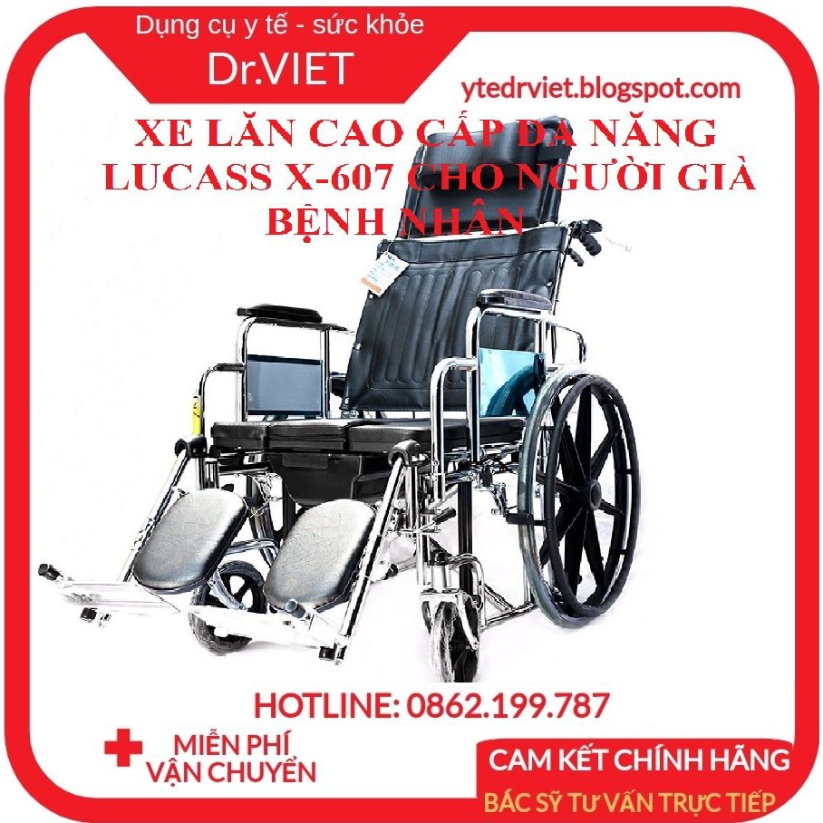 Xe lăn cao cấp đa năng Lucass X607-Xe ngả nằm có bô, có thắng, 2 bánh xe chống lật cho người già, bệnh nhân, khuyết tật