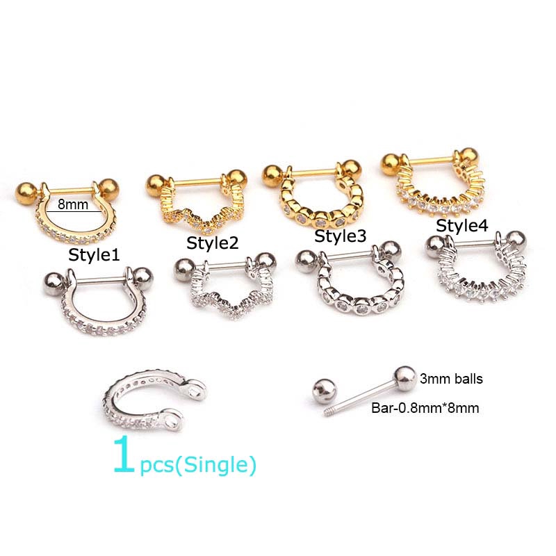 Khuyên xỏ vành tai hình dạng chữ U bằng đồng đính đá zircon chiều dài 8mm 20G
