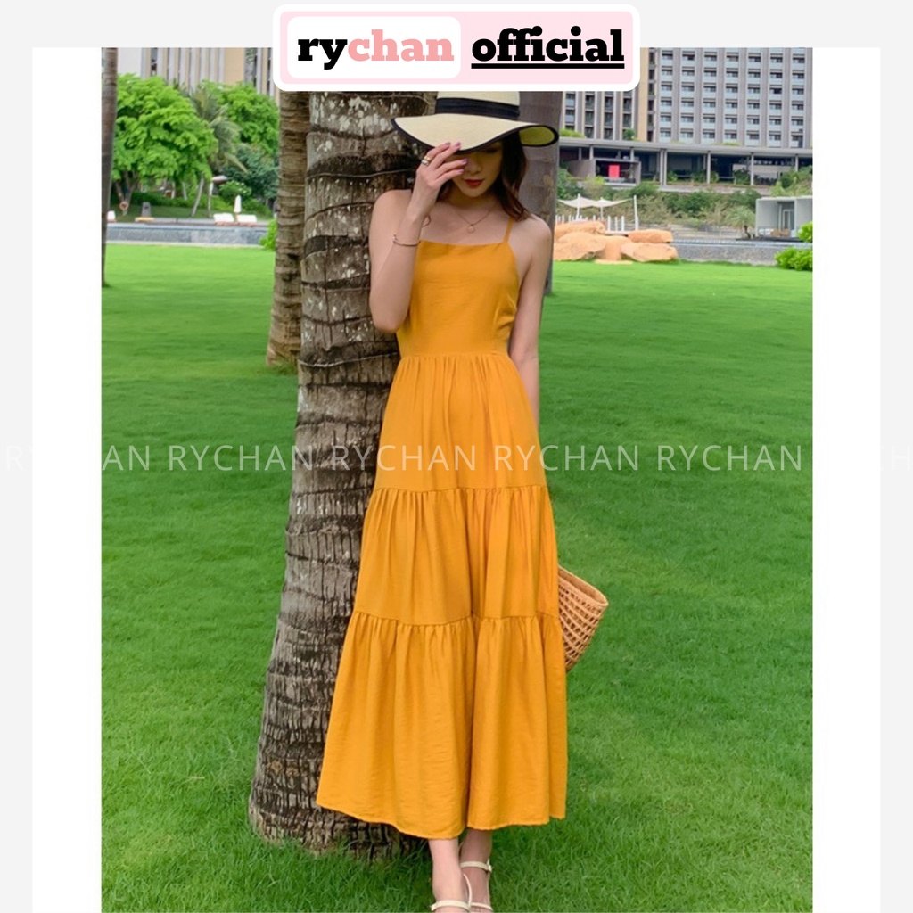 Đầm Maxi Đi Biển (Sẵn Mút Ngực) Đan Lưng Sexy Cổ Yếm Màu Vàng - DM068