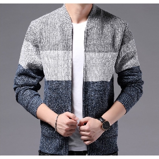 Áo khoác len nam dài tay, khóa kéo, dáng bomber, sọc ngang 3 màu – AL26