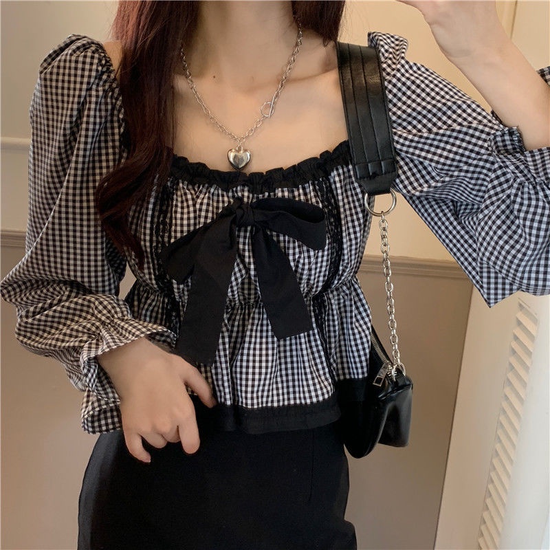 Áo Kiểu Tay Dài Phồng Cổ Vuông Thắt Nơ Họa Tiết Kẻ Ô Thời Trang Mùa Xuân Mới 2022