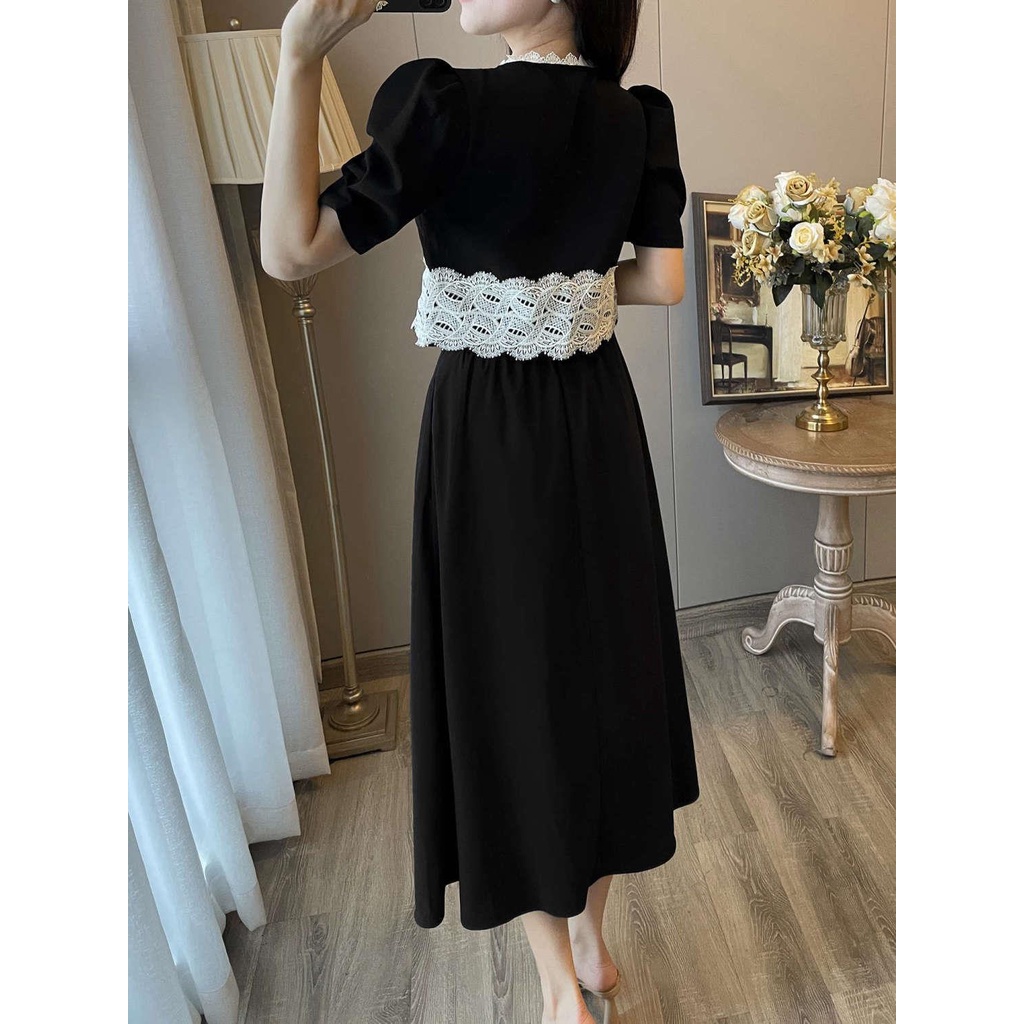 Bộ Áo Đen Dáng Ôm Phối Chân Váy Dài Kiểu retro Pháp Chất Lượng Cao