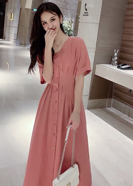 Đầm hồng ruốc xếp li form dài (kèm hình thật) | BigBuy360 - bigbuy360.vn