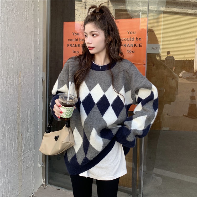 Áo Sweater Dệt Kim Tay Dài Kẻ Sọc Màu Sắc Tương Phản Kiểu Retro Hàn Quốc
