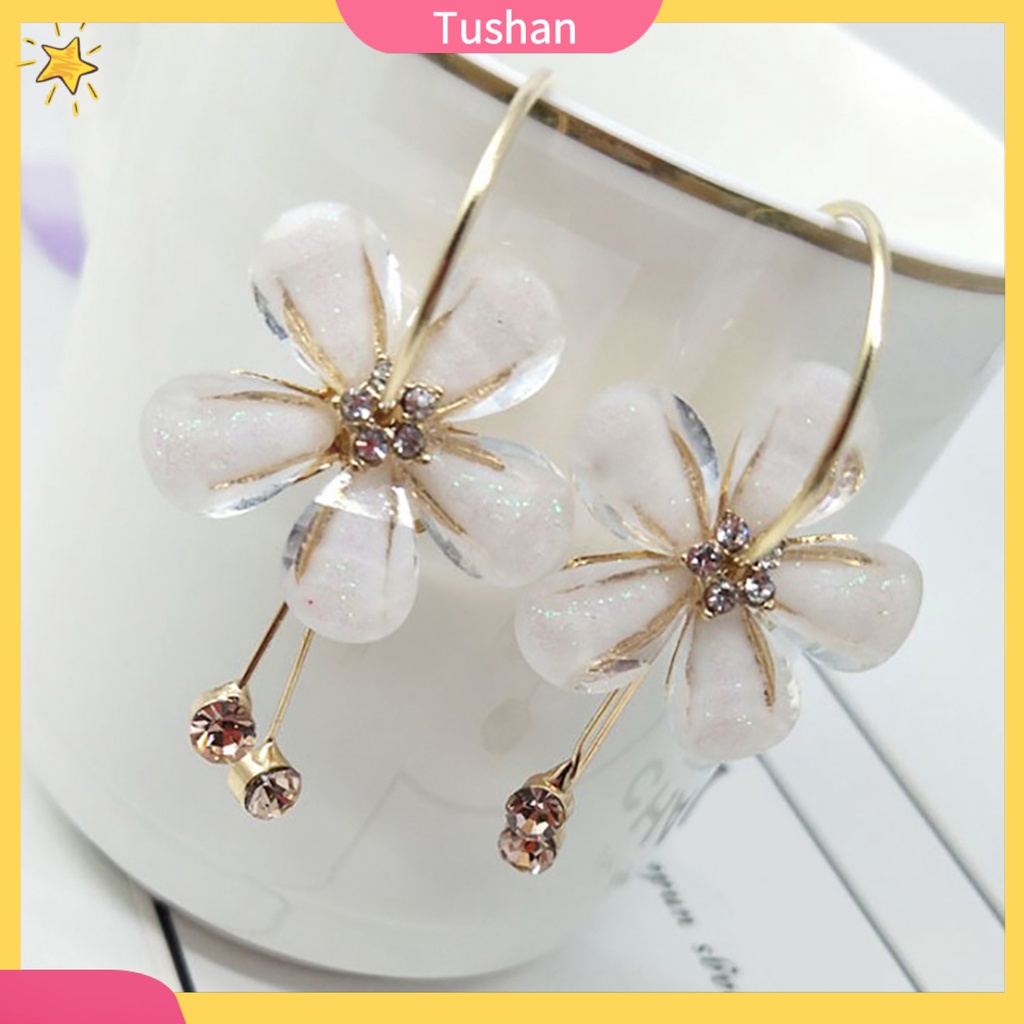 Khuyên tai dài hình hoa đính đá phong cách Hàn Quốc