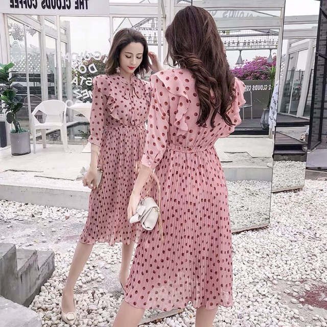 (Order) Váy cổ bèo buộc nơ chân xoè dập li hoạ tiết chấm bi bánh bèo tiểu thư sang chảnh hot hit 2019