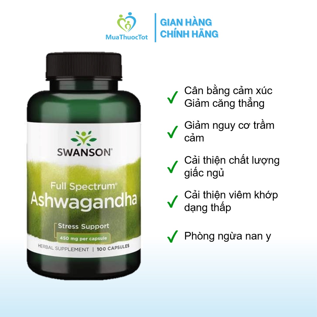Swanson Full Spectrum Ashwagandha 450mg hỗ trợ giảm căng thẳng và hỗ trợ năng lượng 100 viên