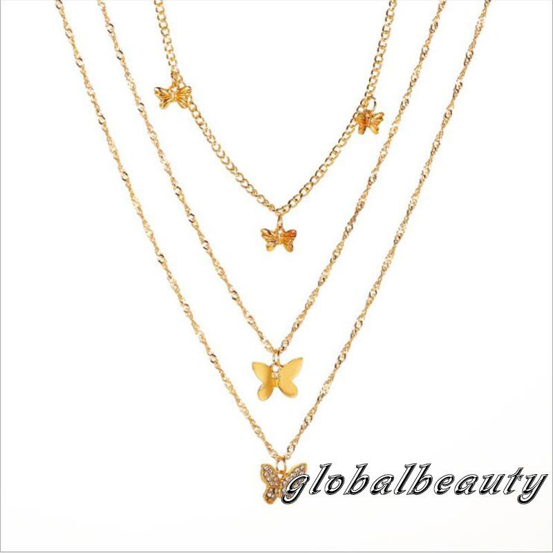 GB-Ladies Temperament Three Layers Necklace, Women Rhinestone Decoration Butterfly Pendant Necklace Female Jewelry Accessories