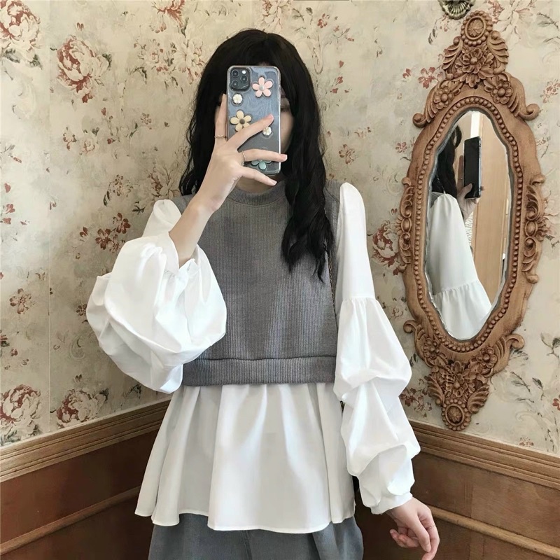 áo sơ mi tay phồng phối màu.