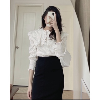 Set sơ mi nữ trắng cổ bèo và chân váy đuôi cá đep form rộng cao cấp phong phong cách công sở, nữ tính M2038